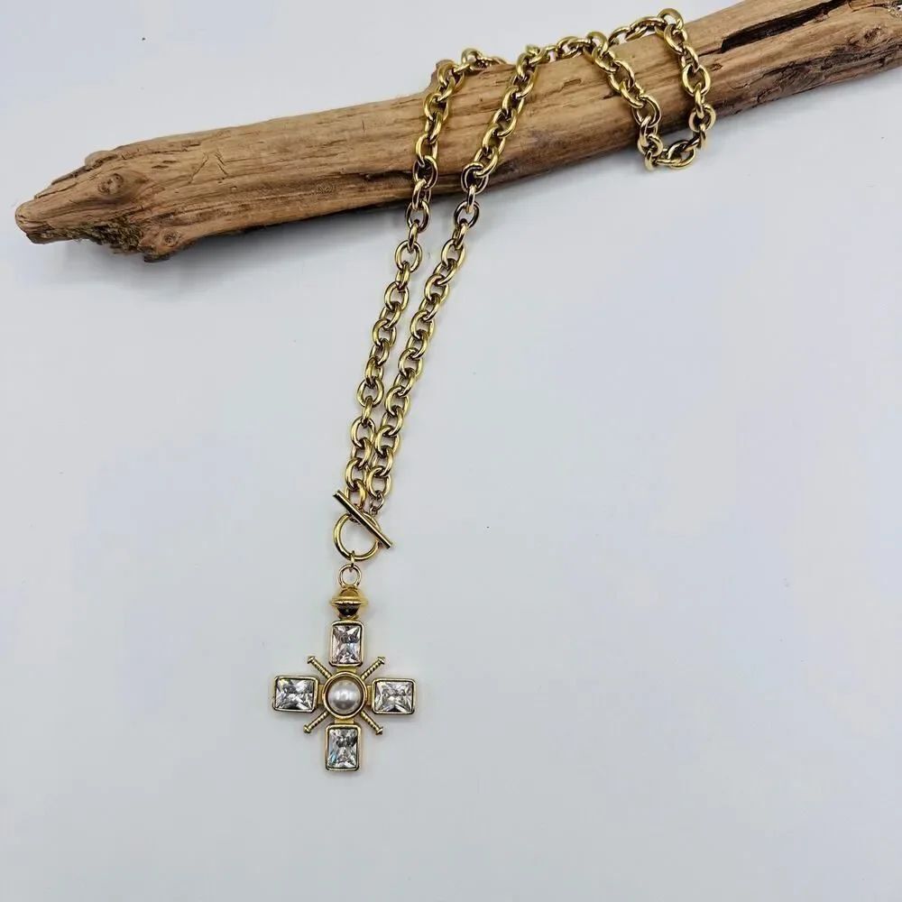 18K Gold Non-Tarnish Crystal Cross Necklace